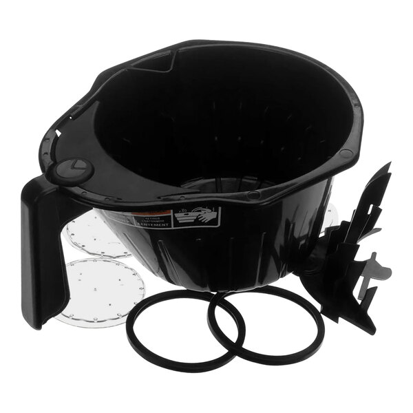 A black plastic bowl with a handle and rings.