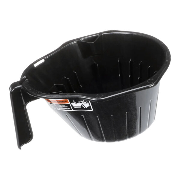 A black plastic funnel with handle.