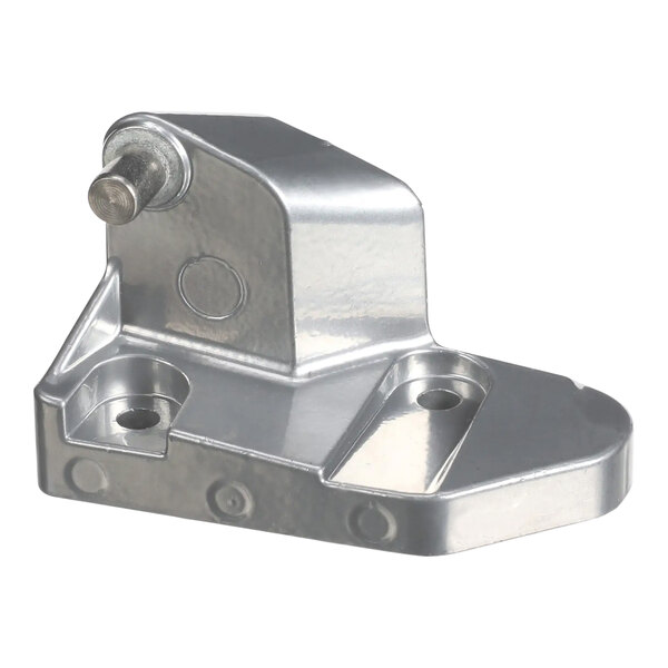 A chromed metal Alliance Laundry lower fixed hinge with screws.