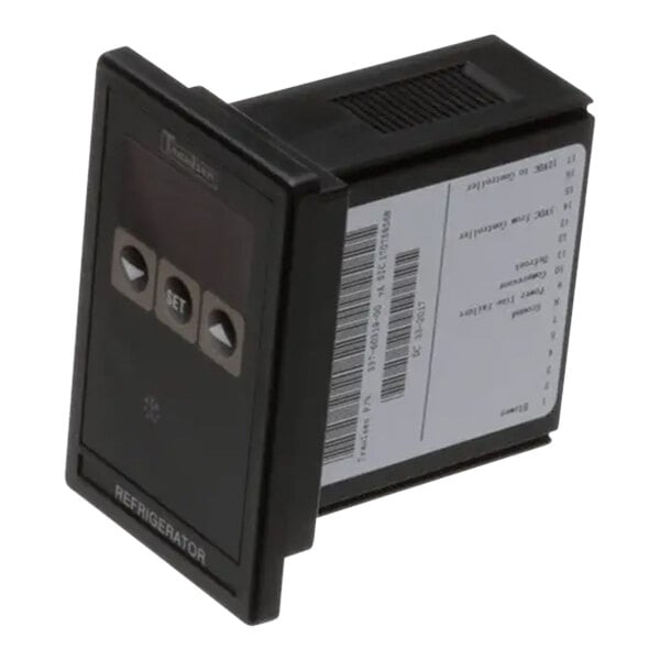 A black rectangular device with a white label and buttons with arrows.