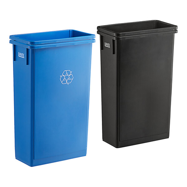 A white case containing two black and blue rectangular Lavex Slim trash cans.