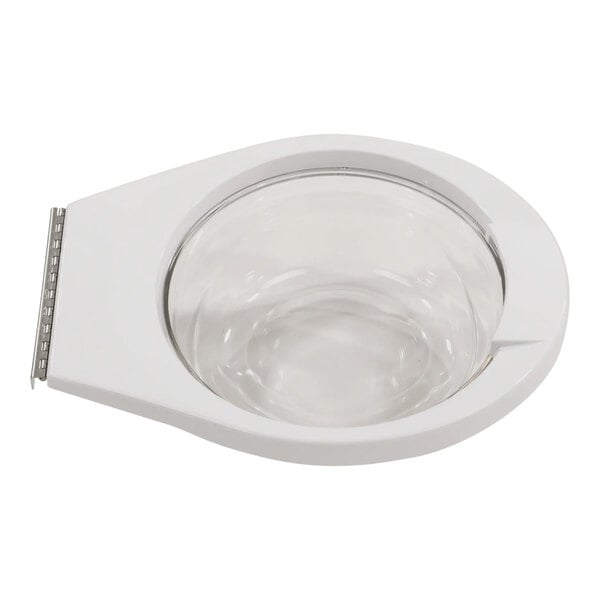 A white plastic bowl with a clear glass inside and a metal handle.