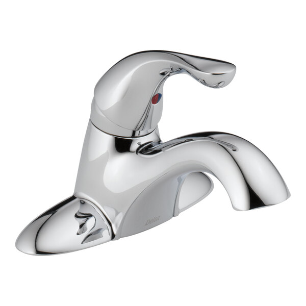 A chrome Delta single-handle deck-mount lavatory faucet.