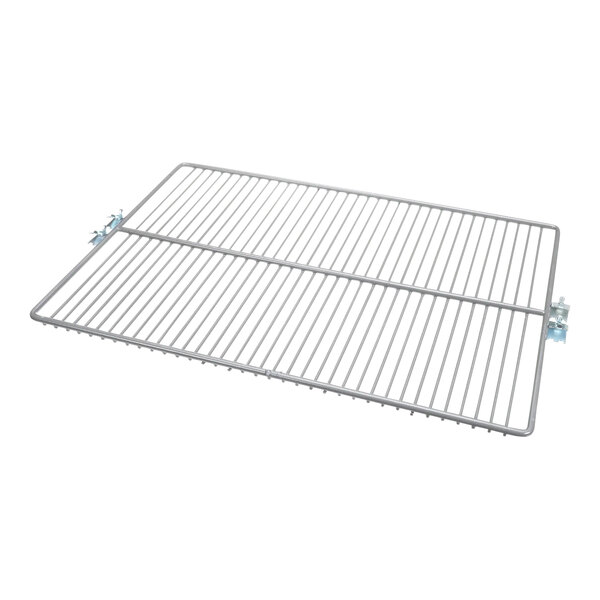 A metal shelf with a metal grid and clips.