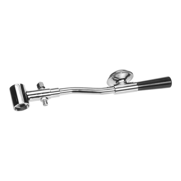 A metal sprayarm assembly with a black and chrome handle.