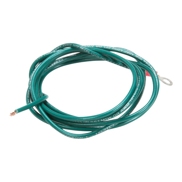 A green wire with a metal ring on it.