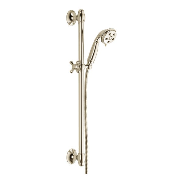 A Delta polished nickel slide bar with a handheld shower head and hose.