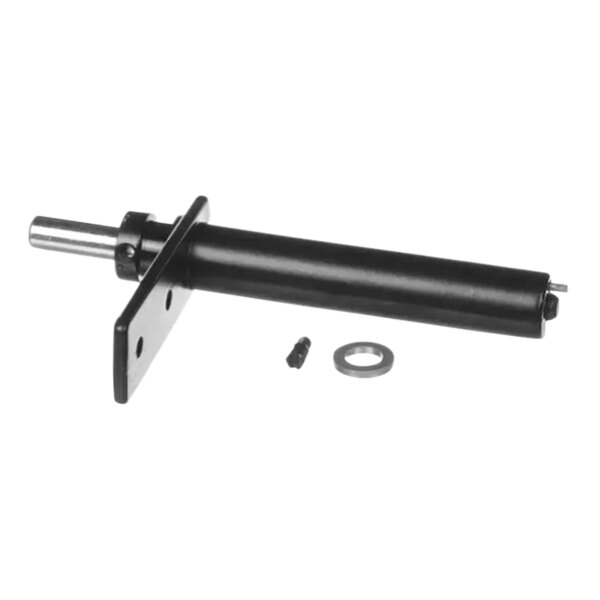 A black metal True Refrigeration cartridge hinge kit cylinder with a screw and nut.