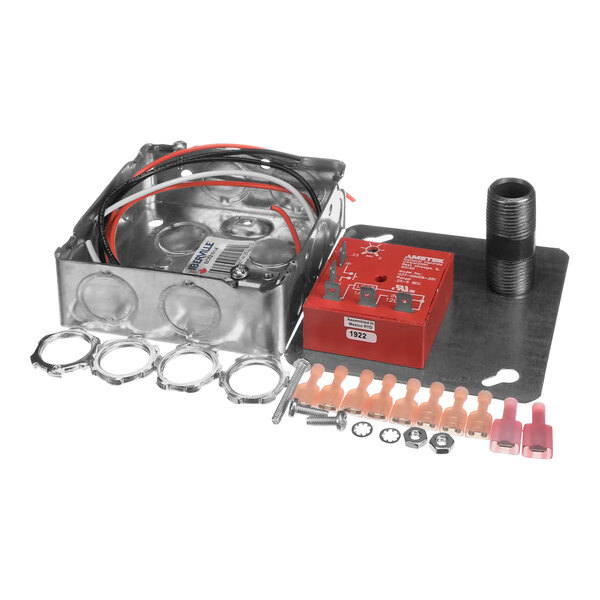 A red metal Cleveland Loat By-Pass box with wires and screws.