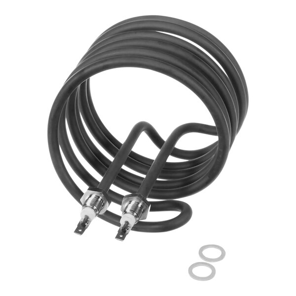 A black coil of wires with metal rings on the ends.