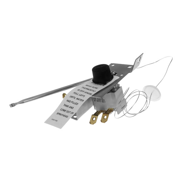 A close-up of a Bunn Thermo-Tnd temperature control switch with a white label.