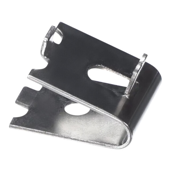 A set of metal shelf clips with holes on a white background.