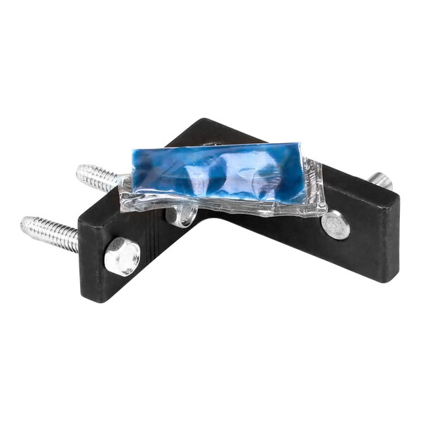 A black metal True Refrigeration hinge assembly with a blue piece of plastic on it.