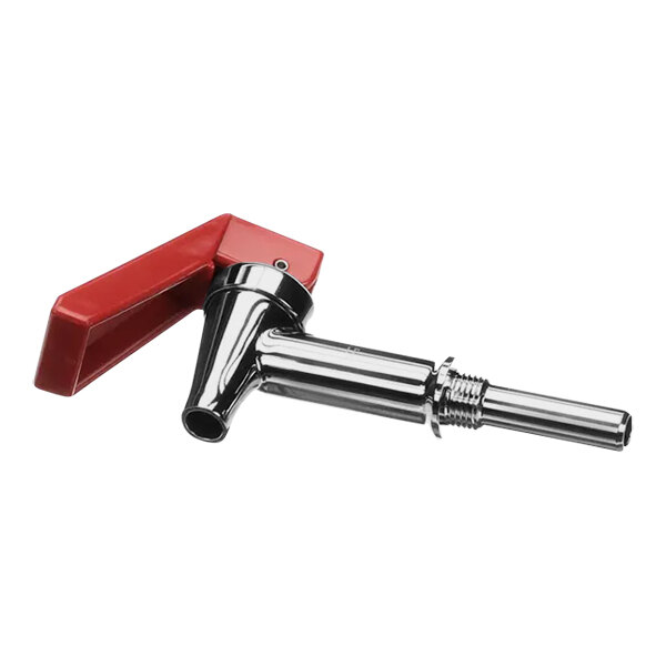 A close-up of a Bunn red and silver faucet assembly with a black and red plastic hose and metal nozzle.