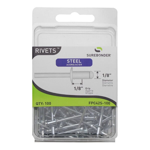 A package of Surebonder heavy-duty steel rivets with silver screws.