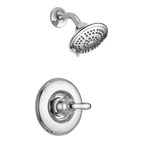 A close-up of a chrome Delta shower head.