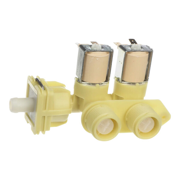 A yellow Alliance Laundry mixing valve with two small round holes.