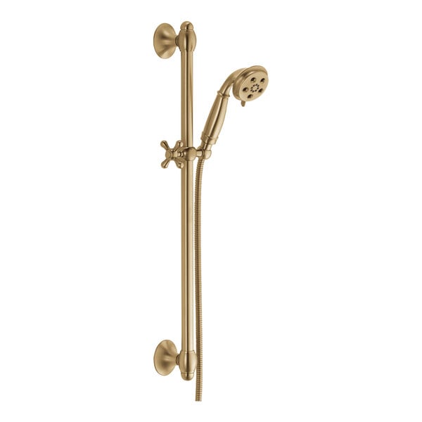 A Delta Champagne Bronze slide bar handheld shower with a hose.