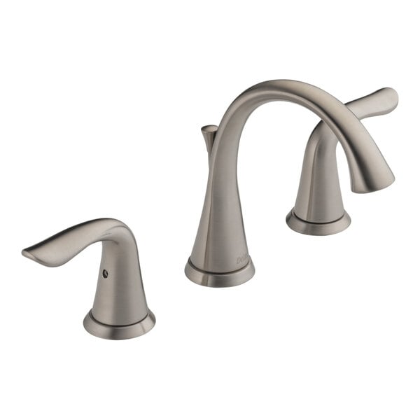 A close-up of a Delta Lahara stainless steel deck-mount faucet with lever handles.