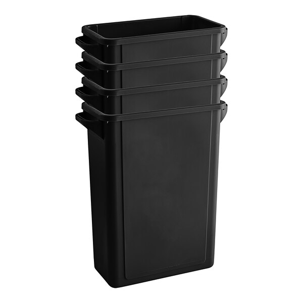 A stack of Lavex black slim rectangular trash cans.
