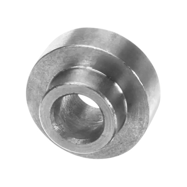 A round stainless steel Cleveland service stop with a hole in it.