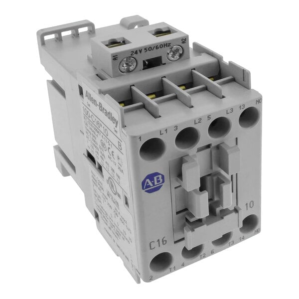 An Alliance Laundry grey contactor with three contacts and wires.