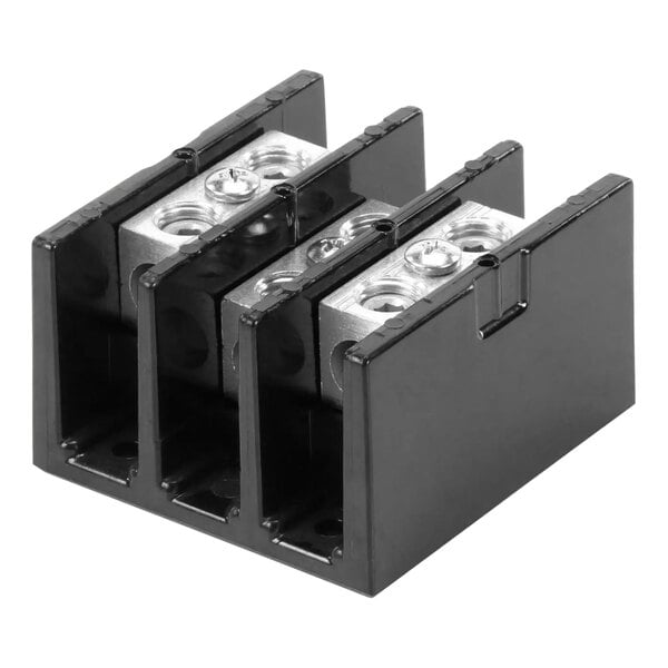 Three black metal Cleveland electrical blocks with three terminals.