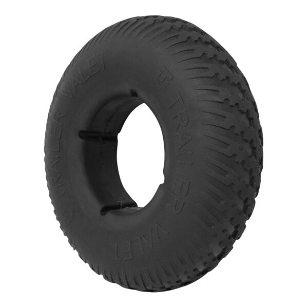 A black Trailer Valet tire with a white rim.