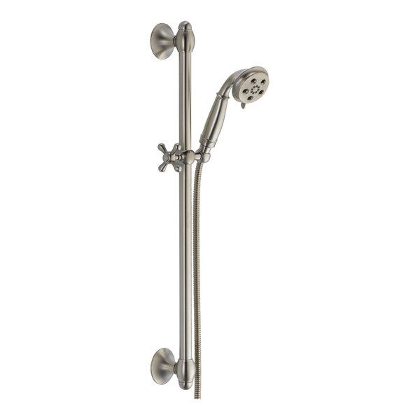 A silver Delta H2Okinetic handheld shower head with a hose.