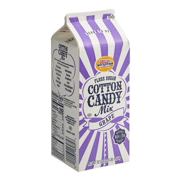 A white and purple Great Western carton of cotton candy floss sugar.