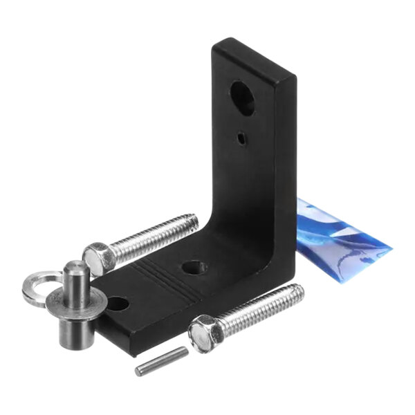 A black metal True Refrigeration hinge assembly bracket with screws and bolts.