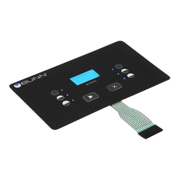 A black rectangular Bunn membrane switch with a blue screen.