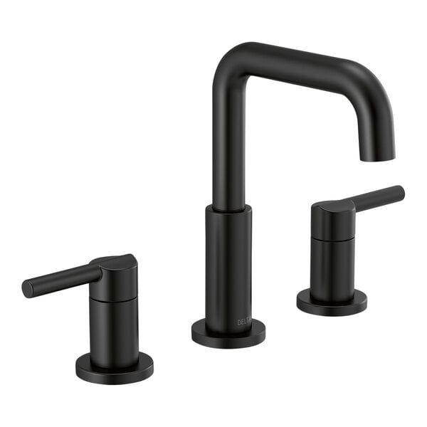 A Delta Nicoli matte black deck-mount faucet with lever handles and push pop-up drain.