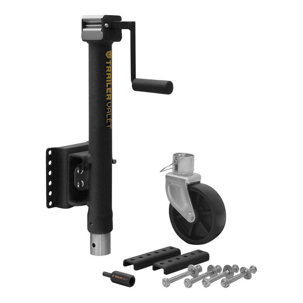 A white and black Trailer Valet tongue jack with a wheel and screws.