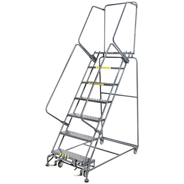 A Ballymore steel rolling safety ladder with expanded metal tread and yellow handles.