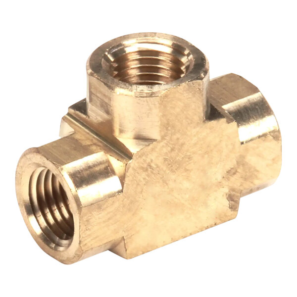 A close up of a gold Cleveland brass tee threaded pipe fitting.