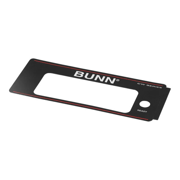 A black rectangular Bunn decal with white and red text.