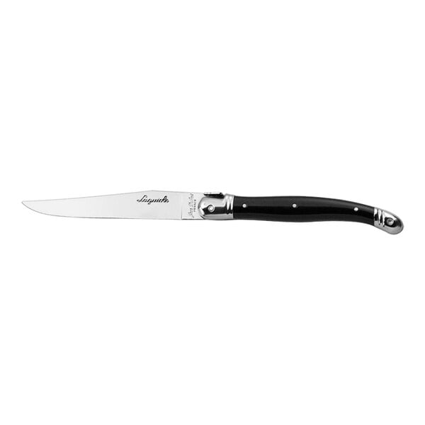 A Jean Dubost Laguiole stainless steel knife with a black handle and silver blade.