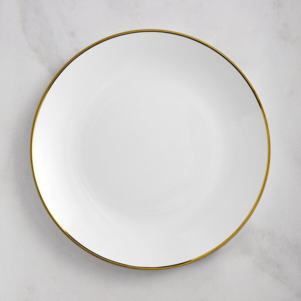 A Visions white plastic plate with a gold rim.
