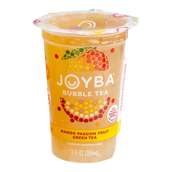 A plastic container of Joyba Ready-to-Drink Mango Passion Fruit Green Bubble Tea.