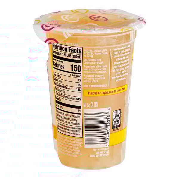 A plastic container with a yellow Joyba label filled with brown liquid.
