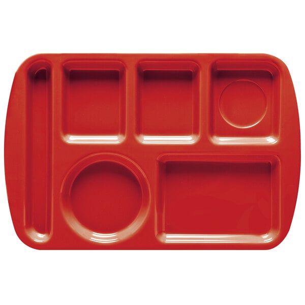 A red GET melamine compartment tray with six different shapes.