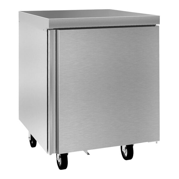 A silver Delfield undercounter freezer on wheels.