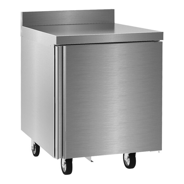 A silver Delfield worktop freezer on wheels.