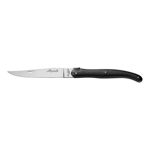 A Jean Dubost stainless steel steak knife with a black and silver carbon matte handle.