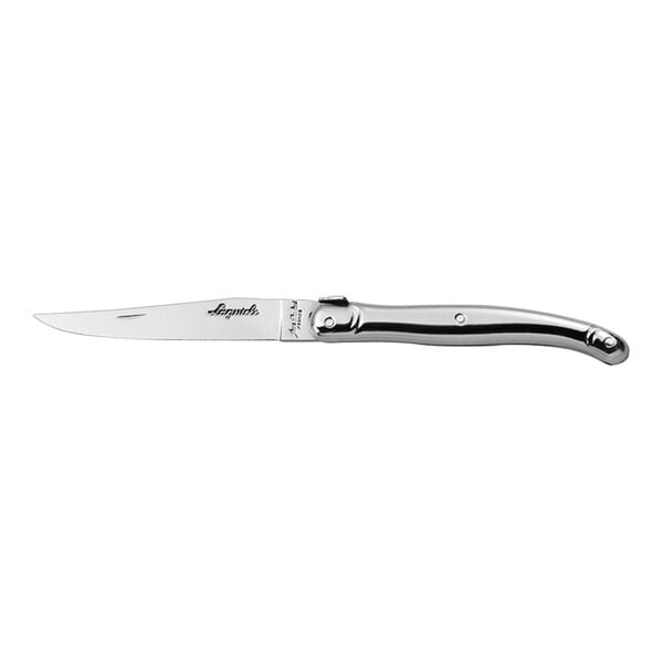 A Jean Dubost stainless steel steak knife with a stainless steel and guilloche handle.