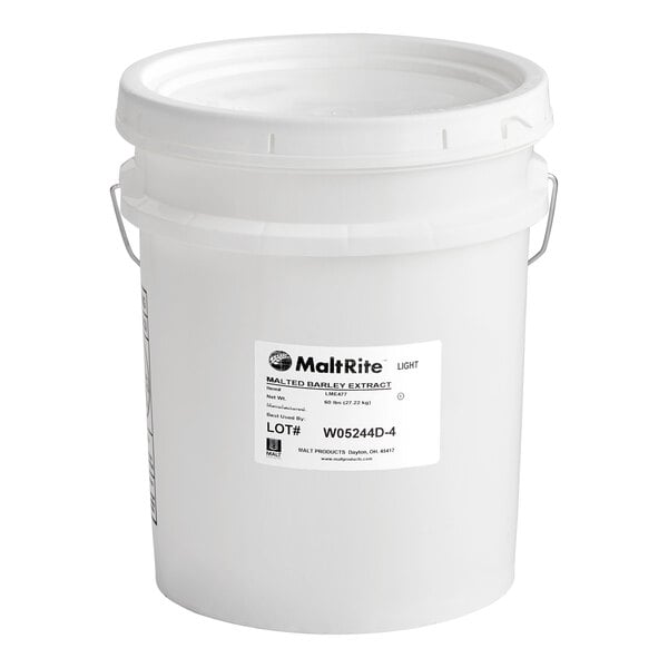 A white bucket of MaltRite Malted Barley Extract with a label on it.