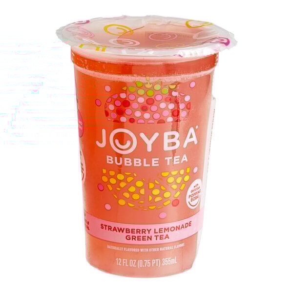 A plastic container of Joyba Ready-to-Drink Strawberry Lemonade Green Bubble Tea.