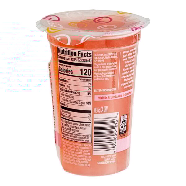 A plastic container of Joyba Ready-to-Drink Strawberry Lemonade Green Bubble Tea with a label.