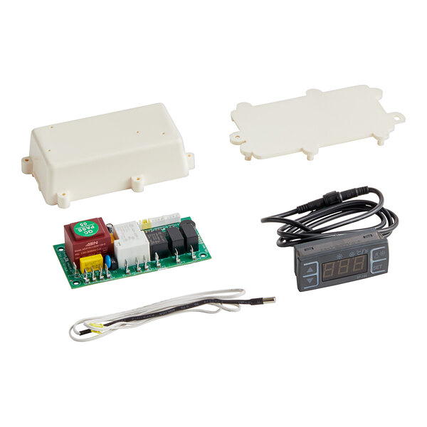 A white electronic control kit with a digital display and wires.